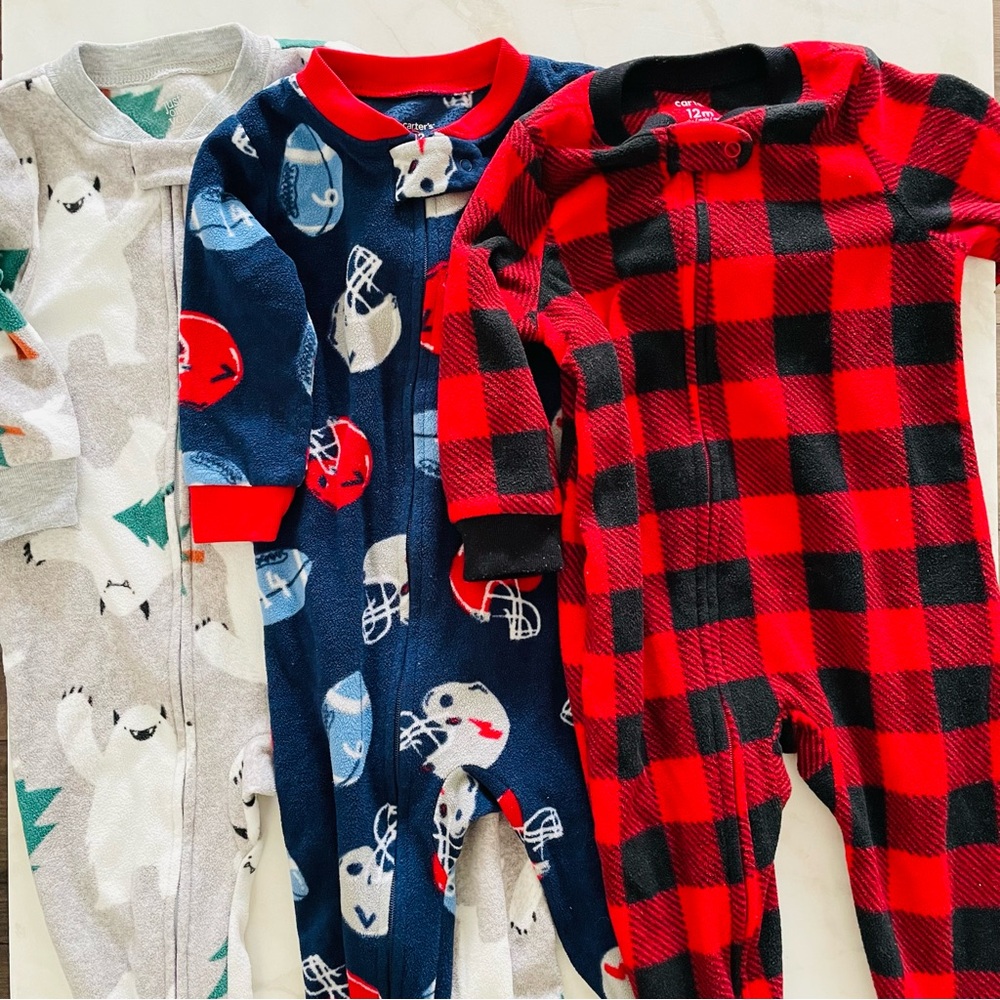 Set of Three Carter’s Flannel One Piece Two-way Zip Pajamas Plaid, Yeti, Sports